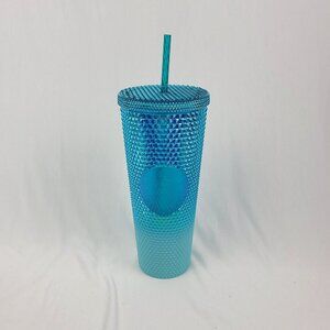 Starbucks Blue Studded Diamond Iridescent Bling Cold Cup Straw 24 oz Tumbler